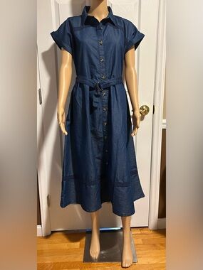 Falling Flower Button-Front Denim Midi Shirt Dress w/Waist Tie & Pockets ~ XL